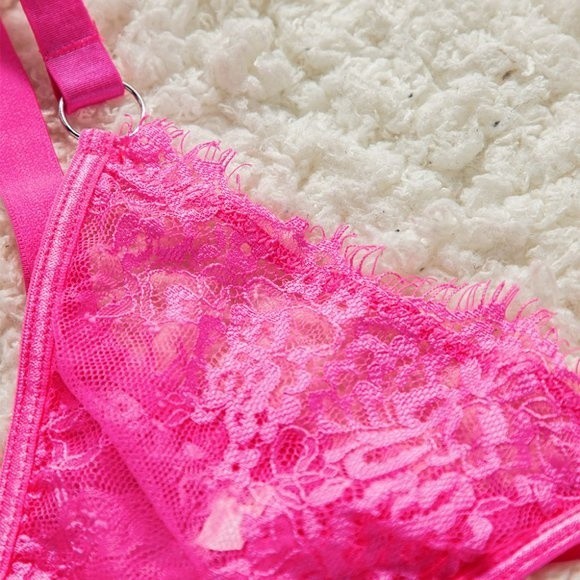 Neon Pink Lace Balconette Bralette Lingerie Set - Picture 10 of 15